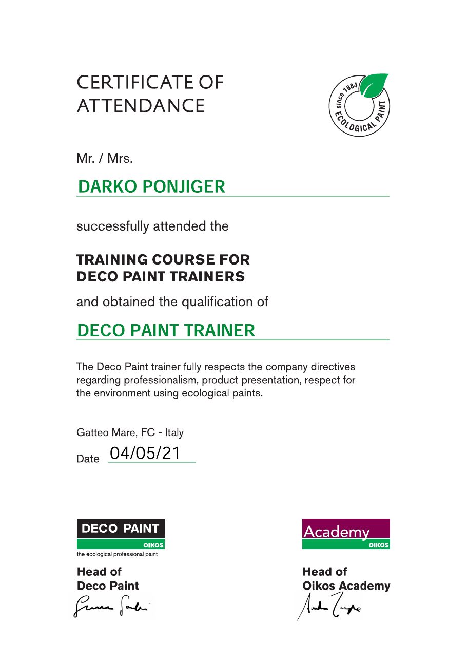 Oikos Academy Deco Paint Trainer certificate for Darko Ponjiger